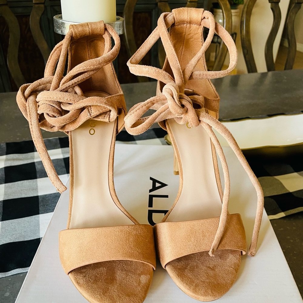 Aldo Strappy Camel Tan Suede Heels